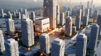 Utopian city with orange spots connecting buildings and banks, representing Open Banking